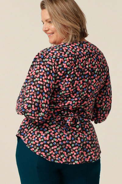 wrap top with 3/4 puff sleeves, made in Australia in eco-conscious fabric for petite to plus size women.