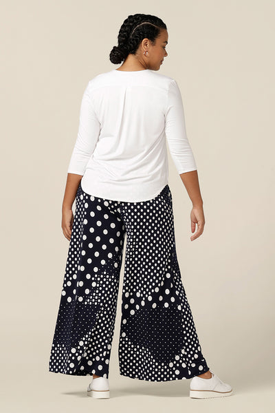 back view of Australia and New Zealand women's clothing brand, L&F doing what they do best - wide leg jersey pants cut for curvy women