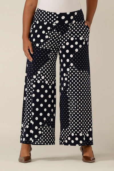 Australian and New Zealand women's fashion brand, L&F doing what they do best - wide leg jersey trousers in a navy and white spot print made in Australia and cut for curvy women