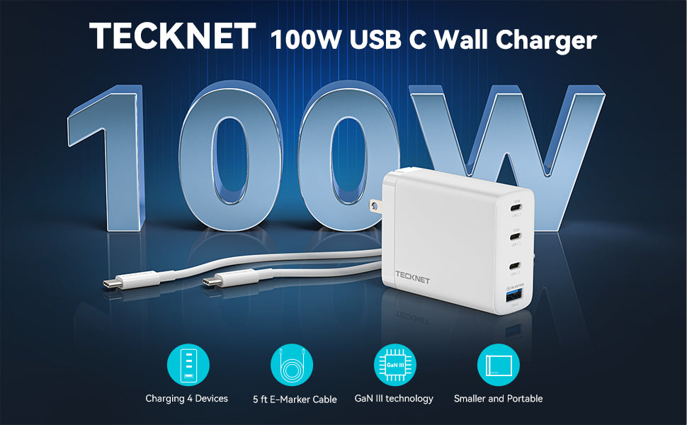 TECKNET 100W USB C Wall Charger, 4 Port GaN Ⅲ Portable USB-C Fast Char