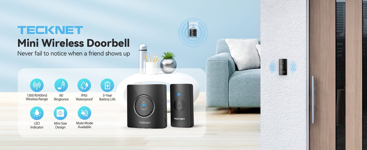 TeckNet Wireless Doorbell, Twin Waterproof Wall Plug-in Cordless Door Chime  Kit With 820-feet Range, 32 Chimes, 4-Level Volume & Blue Light, No on  OnBuy
