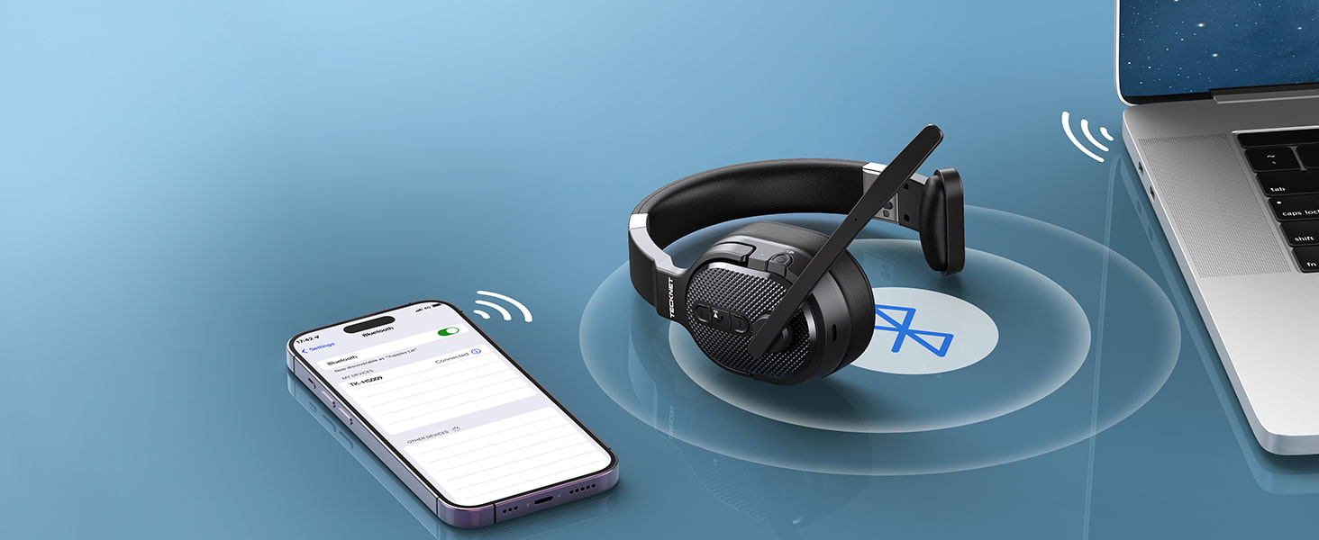 TECKNET Bluetooth Wireless Headset, AI Noise Cancelling Call Center He