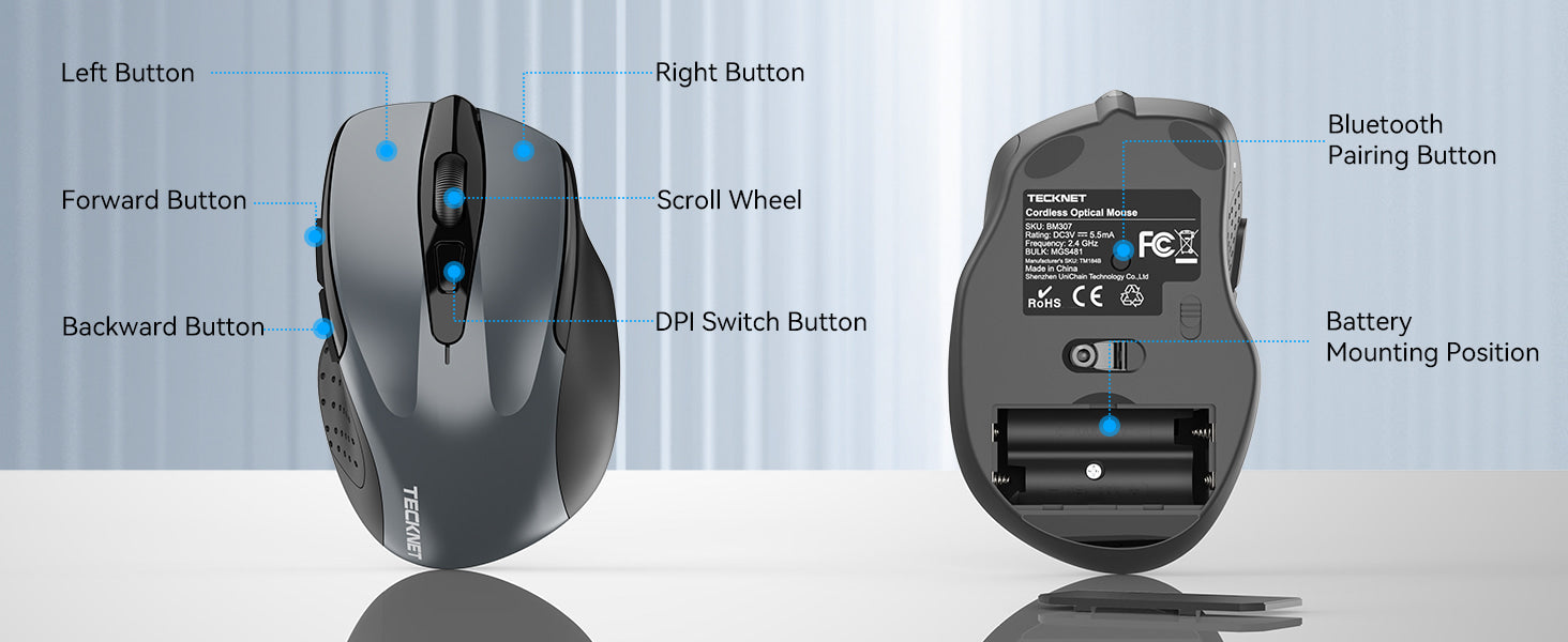 Ratón inalámbrico Bluetooth, TeckNet Alpha Wireless Mouse con indicador de  batería, 5 Niveles DPI, 3000/2000/