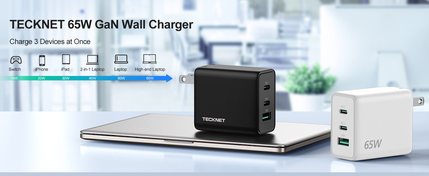 TECKNET USB C Charger 65W PD 3.0 GaN Charger Type C Foldable Adapter w