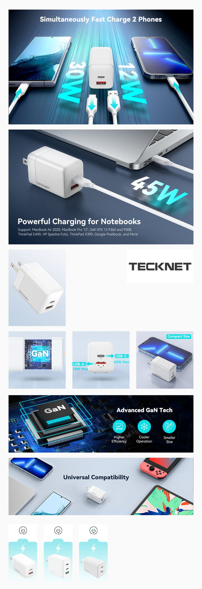 TECKNET 100W USB C Wall Charger, 4 Port GaN Ⅲ Portable USB-C Fast Char