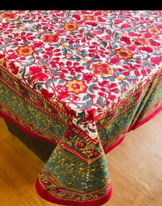 Red beauty block printed cotton table cover 60 x 90 Inches