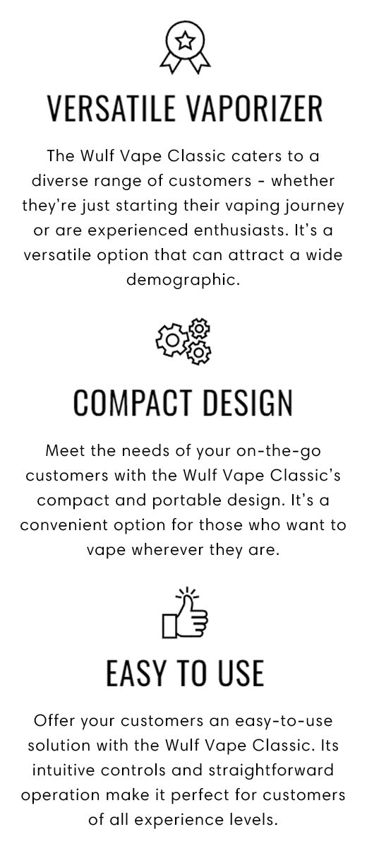 USPs for the Wulf Classic Dry Herb Vaporizer on white background