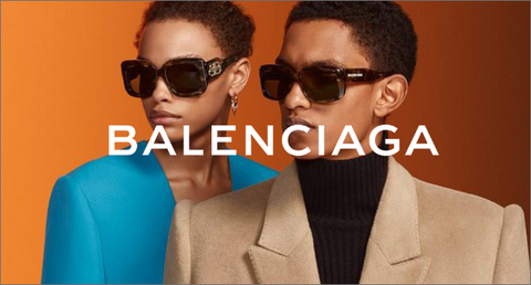 Male and female models wearing Balenciaga sunglasses
