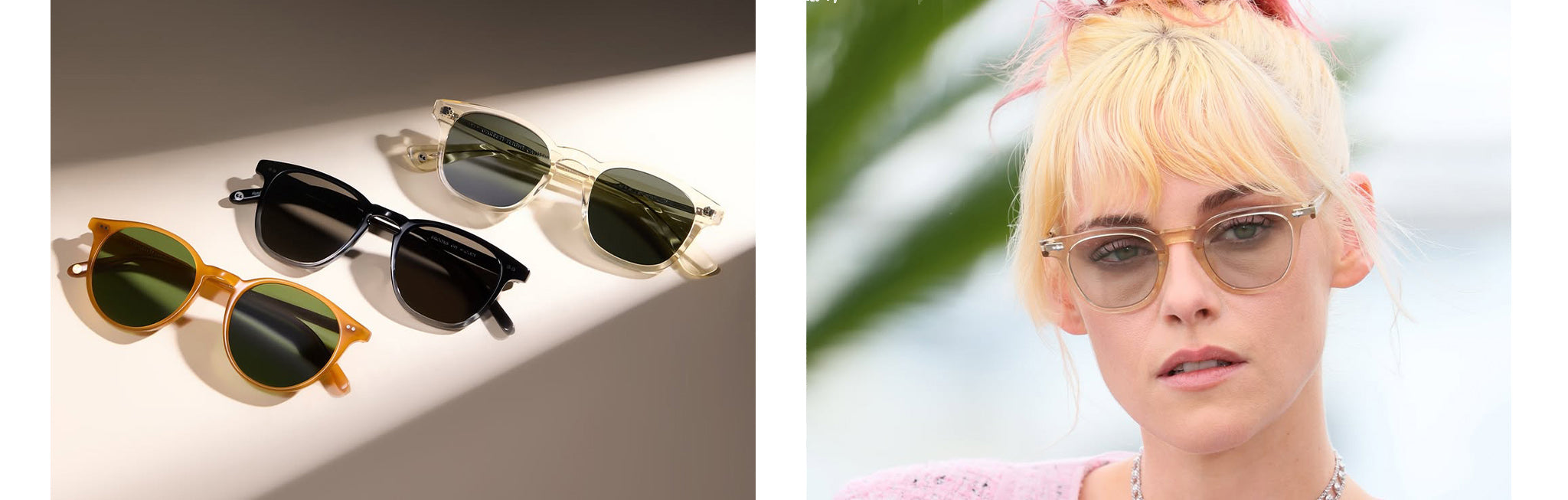 On the left are 3 sunglasses from Garrett Leight. On the right is Kristen Stewart wearing Garrett Leight's vintage inspired frames the Byrne.