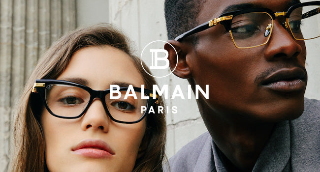 Male and female models wearing Balmain eyeglasses