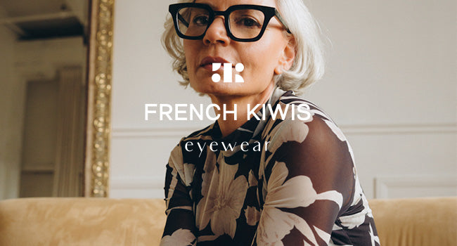 Female model wearing French Kiwis reading glasses