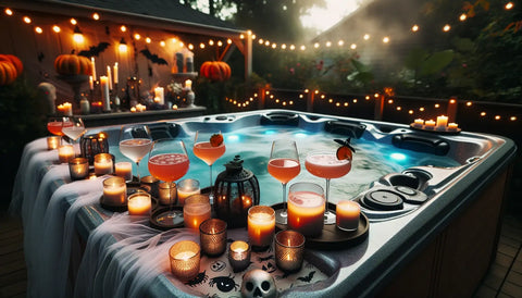 lots of halloween decorations, candles, drinks, lights around a hot tub in the garden of a home