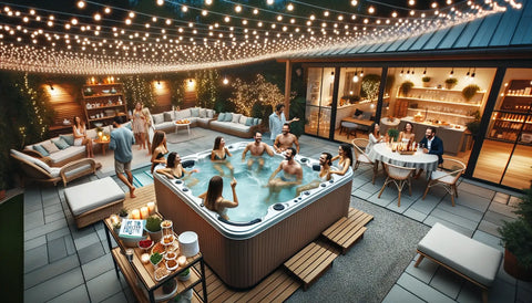 modern backyard with twinkling fairy lights above a large hot tub. Groups of friends are engaged in cheerful conversations, with some in the water and others seated around.