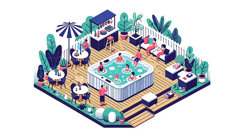 Illustration of a backyard scen. a hot tub is the centerpiece. people of different genders and descents are relaxing in the tub, some holding beverages. showcasing a well-prepared hosting setup.