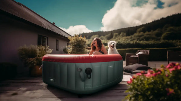 Happy, smiling woman and dog in inflatable hot tub