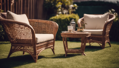 rattan furniture with cushions outside in a garden
