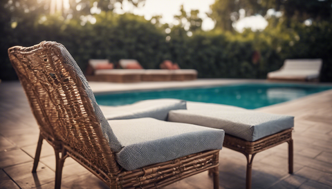rattan furniture withe cushions outdoors by a pool