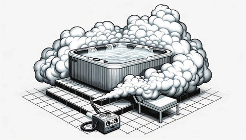 Vector design of a modern hot tub placed on a tiled patio. The hot tub releases a dense, swirling fog, creating a ghostly atmosphere. In the corner of the image, a fog machine with a controller is visible, emphasizing its use for the dramatic effect.