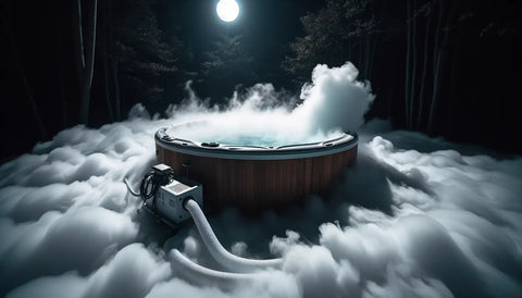 Photo of a hot tub during a moonlit night. The tub is filled with water that seems to bubble and steam, producing a thick white fog that engulfs the surrounding area. On the ground beside the tub, there's a fog machine with tubes leading to the water, indicating its role in the dramatic effect.