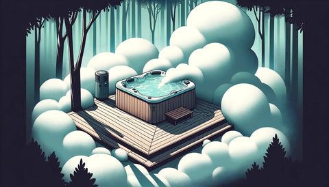 Illustration of a backyard setting with a hot tub placed on a wooden deck. The hot tub is enveloped in a dense fog, making it appear as if it's floating on a cloud. Shadows of trees in the background add to the eerie setting, and a fog machine can be seen on one side, producing the mist.