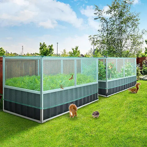raised garden bed with cover and animals around