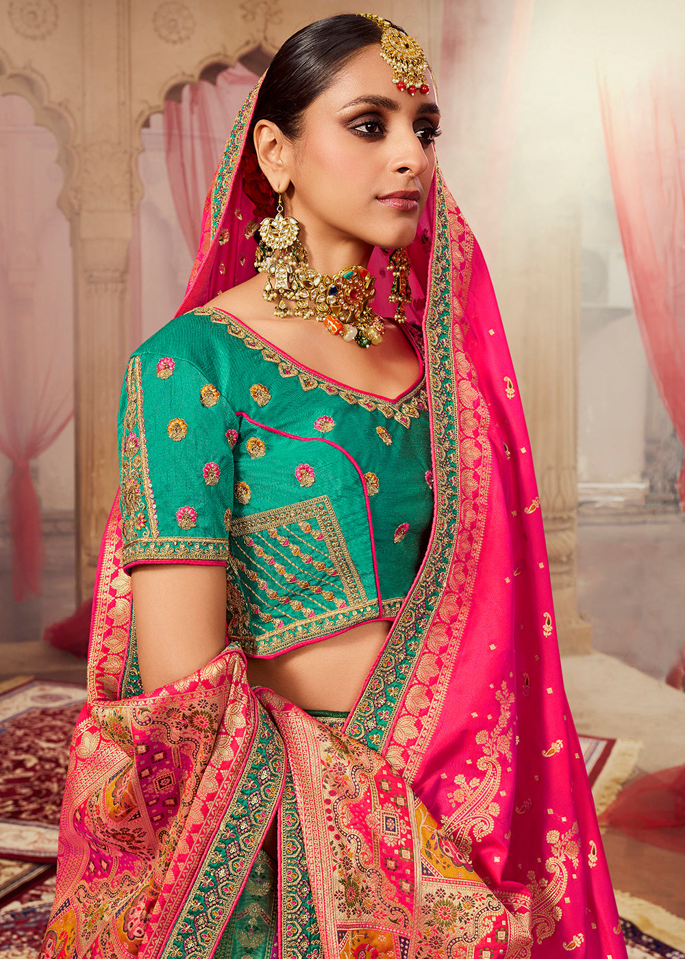 Bridal Lehenga - Royal Multicolor Green & Mustard Embroidered Lehenga