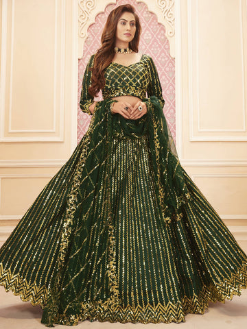 Green & Golden Sequins Embroidered Wedding Lehenga Choli