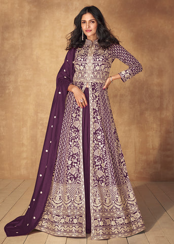 Buy Now Purple Slit Style Embroidered Lehenga Anarkali Suit Online in USA, UK, Australia, New Zealand, Canada & Worldwide at Empress Clothing.