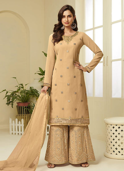 Buy Yellow Embroidered Faux Georgette Gota Work Sharara Suit Online in New Zealand at Empress Clothing