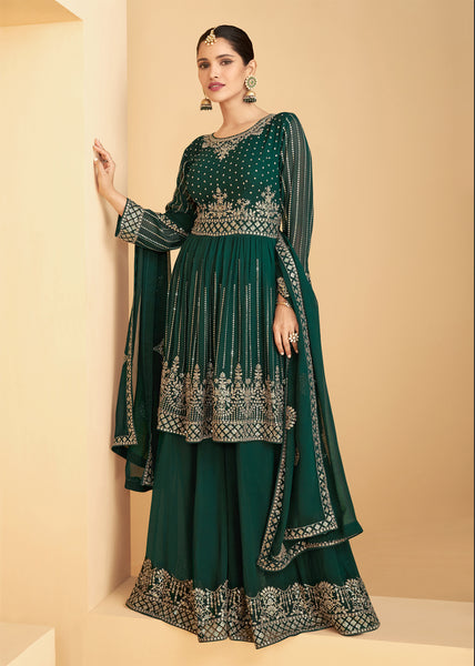 Buy Designer Dark Green Georgette Pakistani Style Sharara Suit Online in Canada at Empress Clothing
