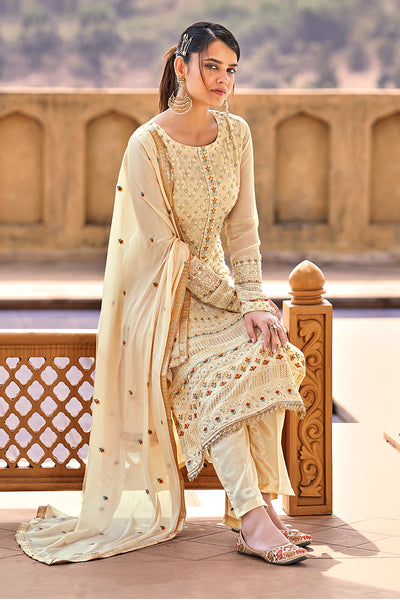 Buy Beautiful Beige Georgette Viscose Embroidered Salwar Suit Online in USA at Empress Clothing