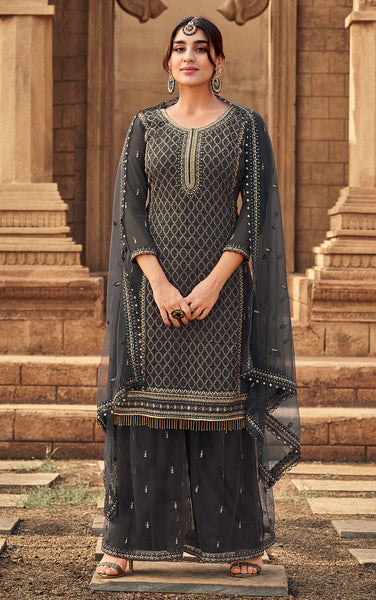 Shop Sharara Set in Grey Beautifully Embroidered Suit Online in Australia at Empress Clothing