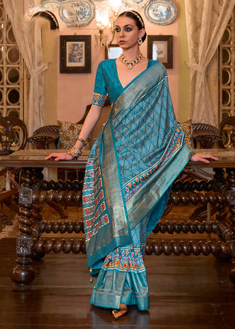 Buy Lovely Firozi Blue Patola Silk Saree in USA