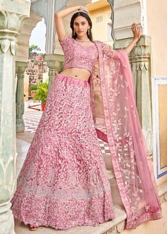 Shop Wedding Wear Pink Heavy Embroidered Bridal Lehenga Choli Online in UK