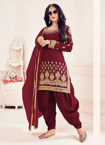 Buy Maroon Patiala Style Mirror Embroidered Punjabi Suit Online in UK at Empress Clothing