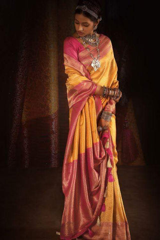 Butter Yellow & Pink Kanjivaram Silk Saree