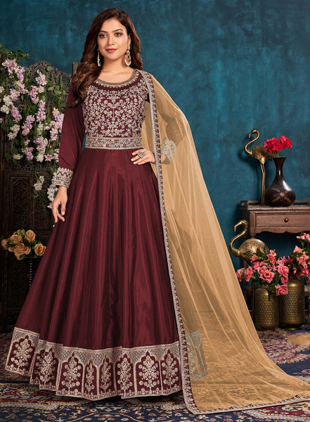 Buy Maroon Wedding Art Silk Embroidered Anarkali Suit Online in USA at Empress Clothing
