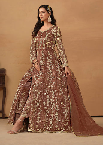 Buy Now Pant Style Snuff Brown Embroidered Net Wedding Anarkali Suit Online in USA, UK, Australia, New Zealand, Canada & Worldwide at Empress Clothing.