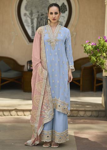 Buy Now Powder Blue Semi Chiffon Pakistani Style Palazzo Suit Online in USA, UK, Canada, Germany, Australia & Worldwide at Empress Clothing.