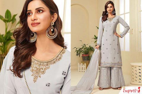 Grey Embroidered Faux Georgette Gota Work Sharara Suit