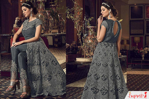 Grey Embroidered High Slit Anarkali Suit