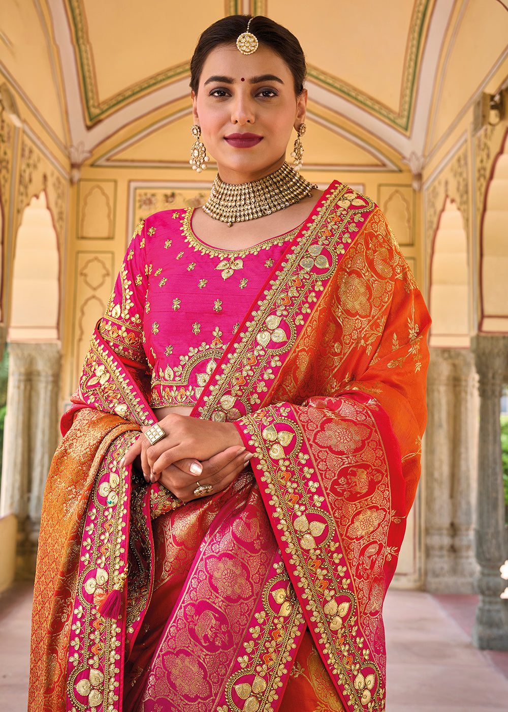 Buy Rose Pink Silk Saree With Art Silk Blouse Online - SARV03116