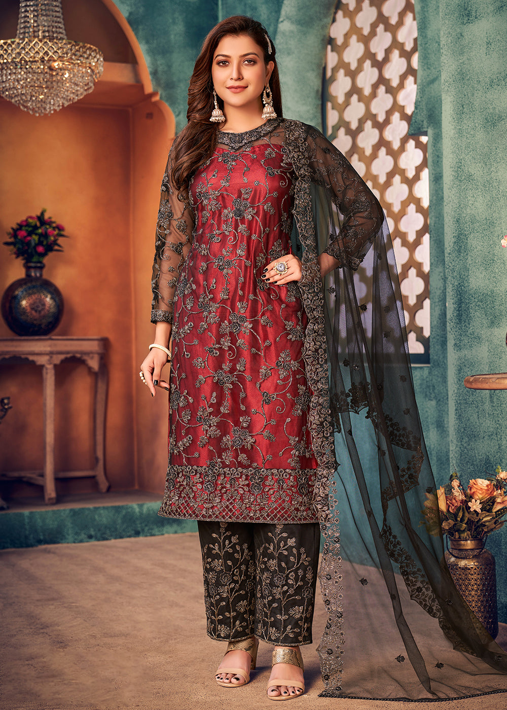 Festive, Party Wear Red and Maroon color Net fabric Salwar Kameez : 1858447