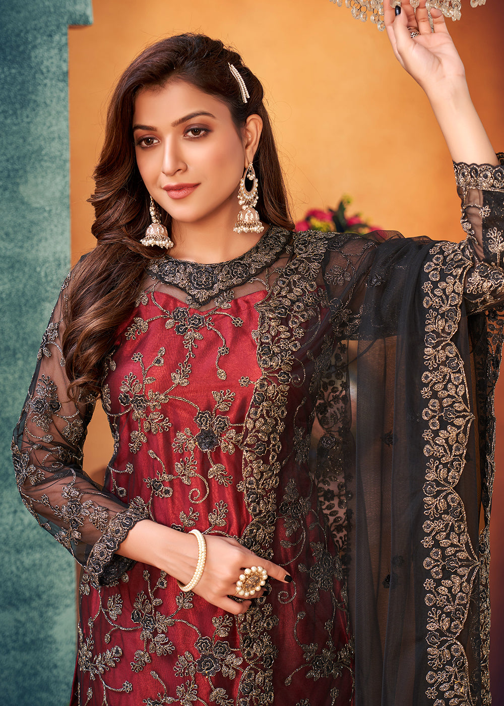 Festive, Party Wear Red and Maroon color Net fabric Salwar Kameez : 1858447