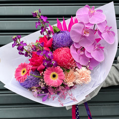 seasonal pink and purple flower bouquet