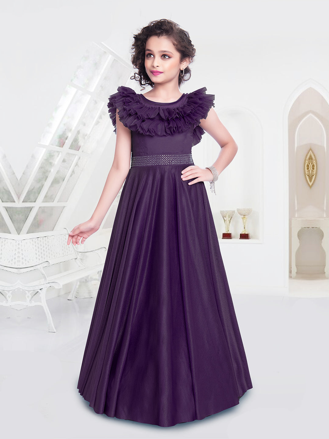 Buy Grape Purple Indowestern Gown With Tiered Hem And Checks Weaved Organza  Under Layer Online - Kalki Fashion