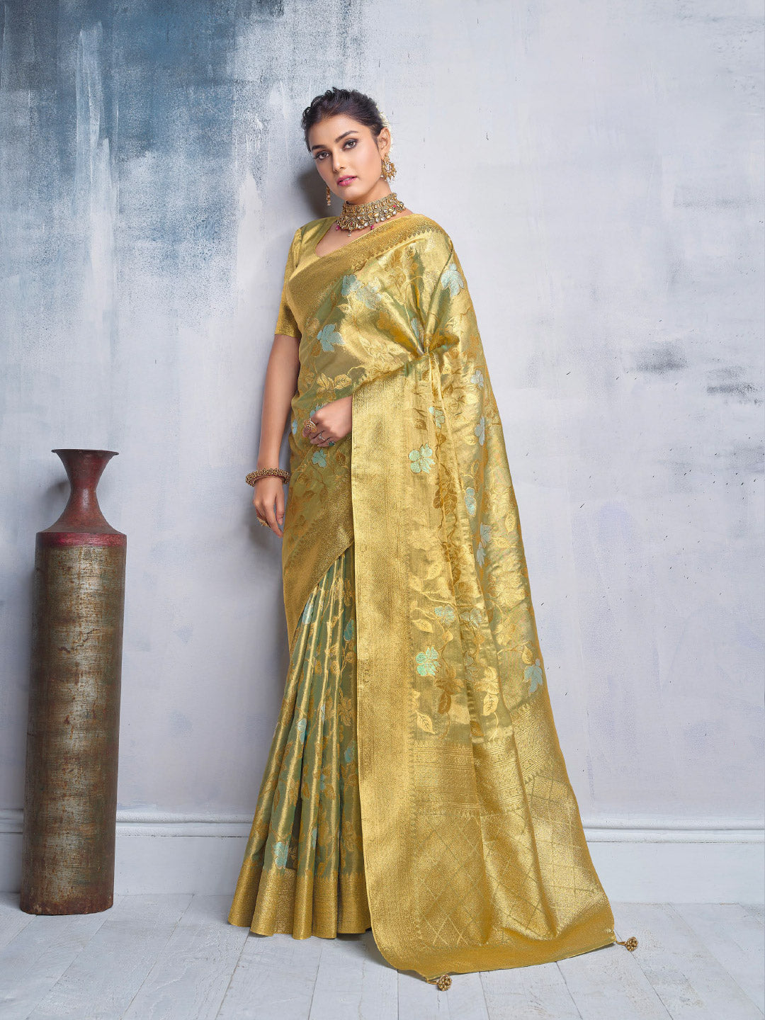 Yellow Woven Border Tissue Saree 5001SR04