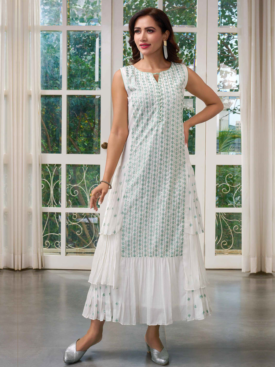 Coveted White Sleeveless Kurti Enriched with Blue Embroidery – Suvidha ...