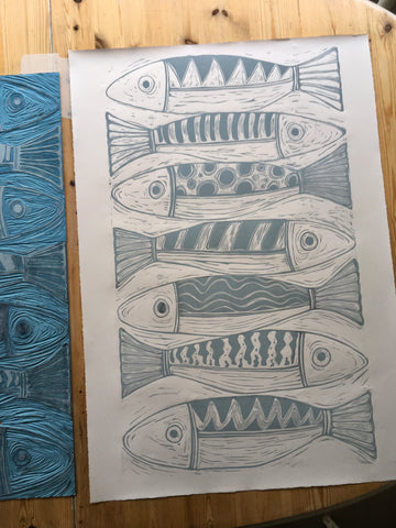 Light blue- grey "Seven Fish" lino print