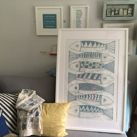 Large "Seven Fish" Print Mounted and Framed